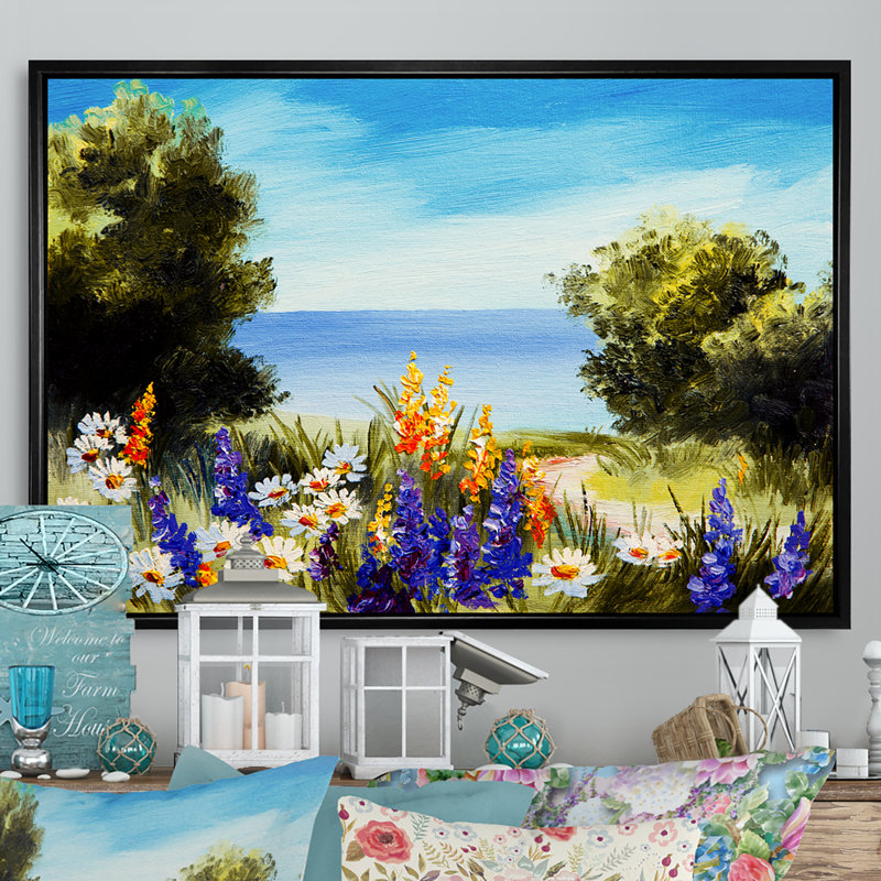 «Spring Flowers on Ocean Scenery», reproduction d'art sur toile encadrée, H 8 po x l 12 po x P 1 po