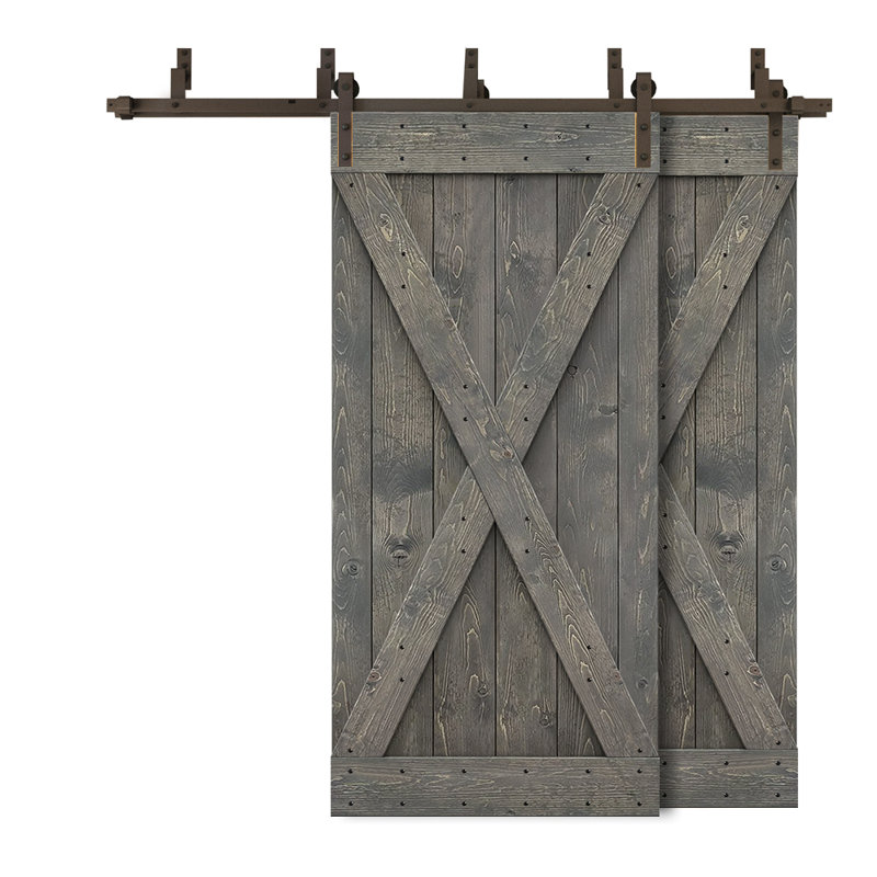 Porte de grange double à panneaux en bois teinté à panneau avec ensemble de quincaillerie coulissante, Gris patiné