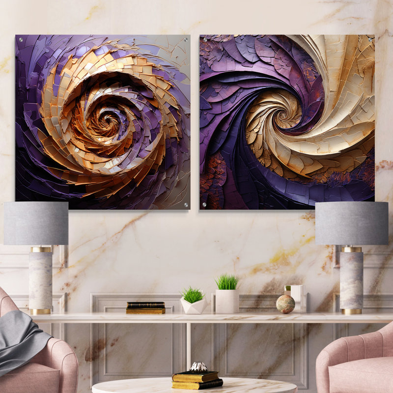 Beige mauve minimalisme spirales poteries - ensemble de 2 peintures murales abstraites en acrylique, H 16 po x l 33 po