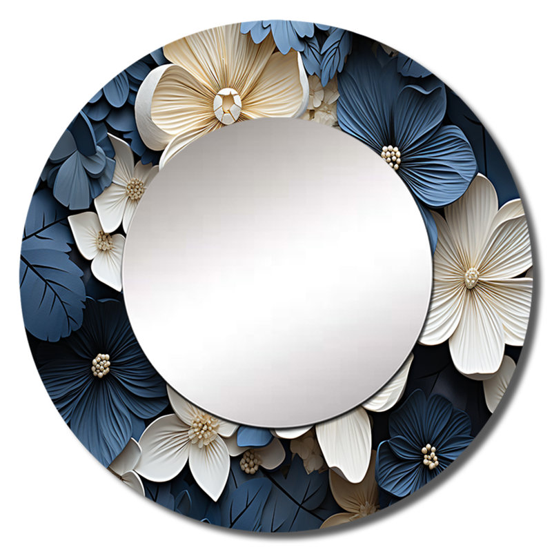 Semira Blue And White Adorned Violets - Violets Mirror, Blue Round Decorative Wall Mirror, Printed Metal Art, 23" x 23"