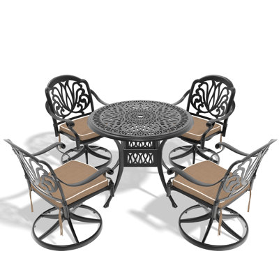 Ensemble de salle à manger 5 pièces en aluminium coulé résistant aux intempéries, comprenant 4 chaises pivotantes et une table ronde de 35,43 po avec structure noire