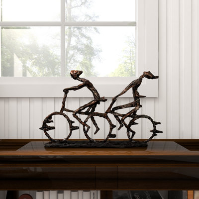 Levan Polystone Bicycling People Bronze Decorative Sculpture with Copper Texturing