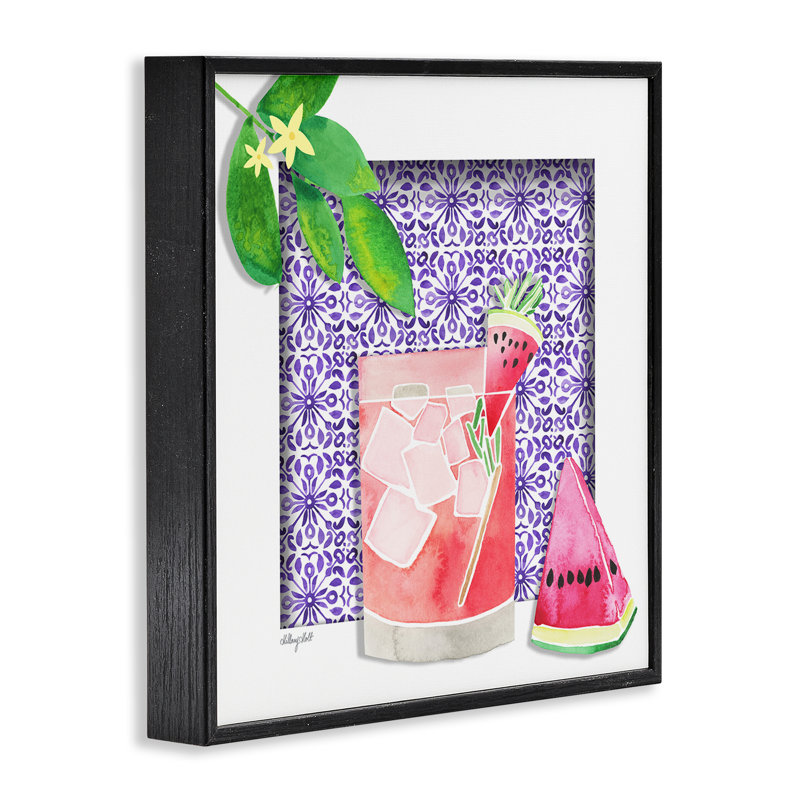 Giclée de boisson à la pastèque fruitée, design par Hillary Holt, Giclée encadrée noir minuit, H 12 po x l 12 po