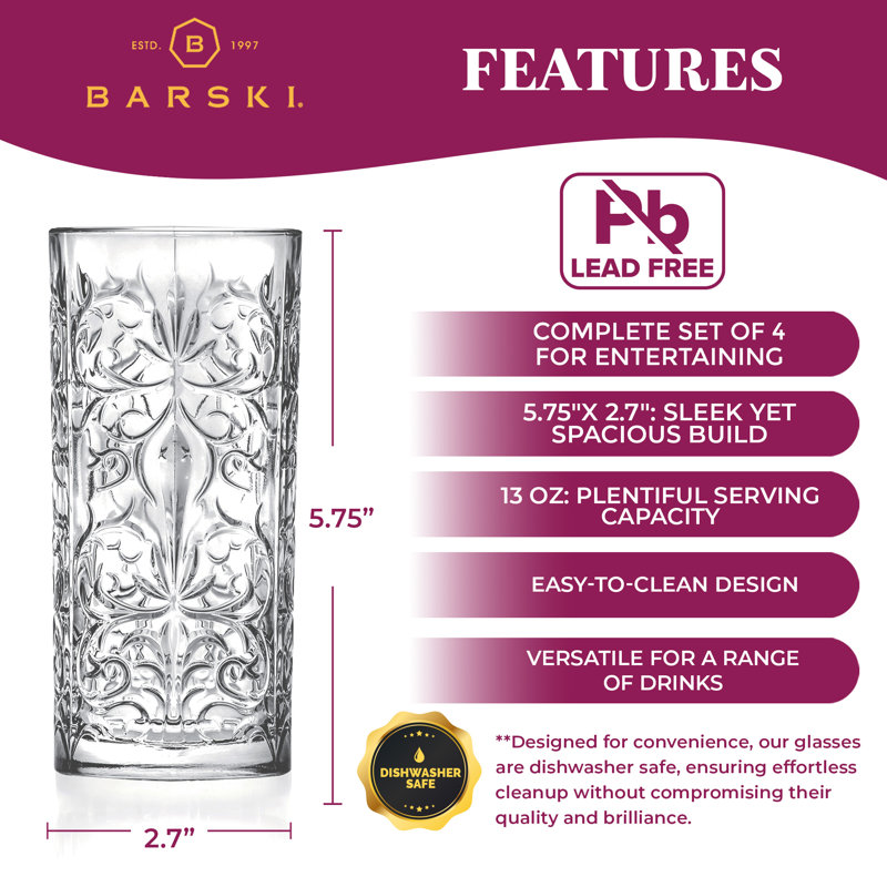 Highball Glass - Drinking Glasses - Set of 4 - Hiball Tumblers -  13 oz, Made in Europe
