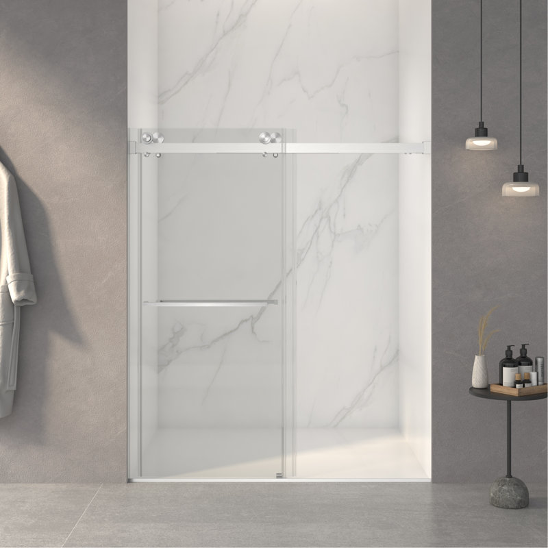 Porte de douche coulissante double sans cadre de 56 à 60 po x H 70 po, verre trempé clair de 5/16 po (8 mm) de large épaisseur, couche facile à nettoyer, avec tampon