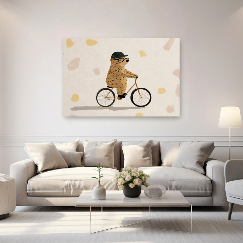 Ours sur un vélo, impression d'artiste minimaliste ludique, H 40 po x l 60 po