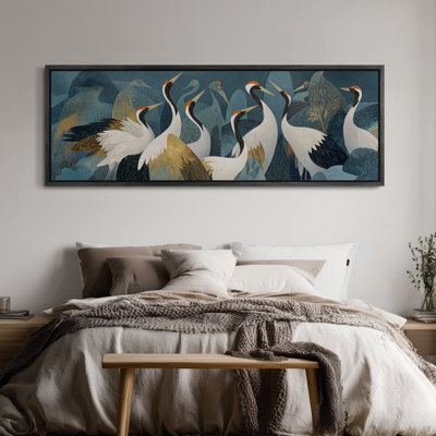 Extra Large Elegant Crane Flock with Blue Botanical Background Print Wall Art