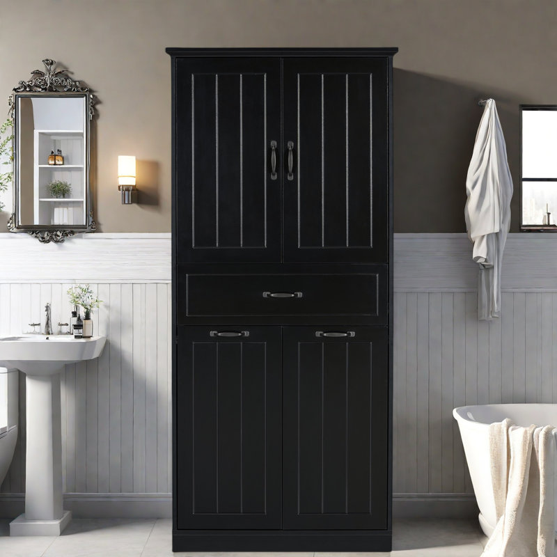 Bathroom Storage Cabinet With Two Laundry Baskets, A Cabinet With 1 Adjustable Shelf And 1 Drawer, Black