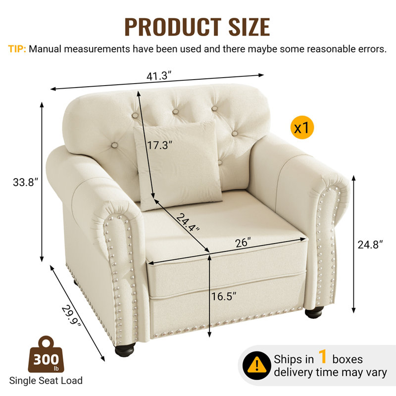 41.3"Upholstered Velvet Sofa with Nailhead Trim and Rolled Armrests,Mid-Century Modern Chesterfield Sofa with Button Tufted,Includes 1 Pillows