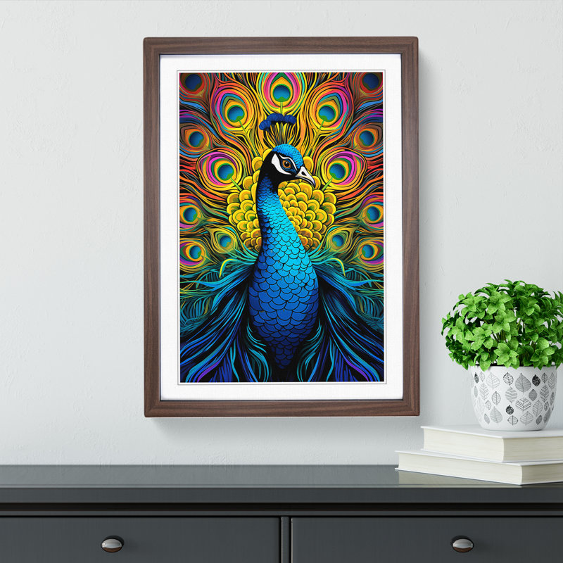 Peacock Op - Single Picture Frame Print on Wood, Walnut Framed, 34cm H x 25cm W x 2cm D