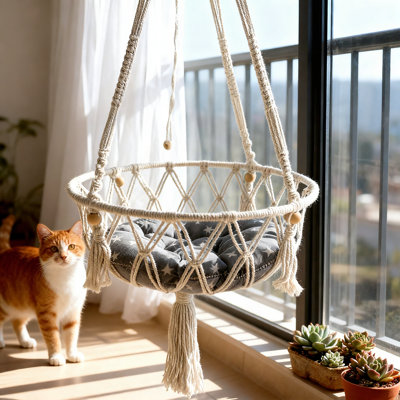 Macrame Cat Hammock - Boho Wall Hanging For Indoor Outdoor Home Decor, Pet Hammock For Sleeping, Playing And Lounging(including Cushion)