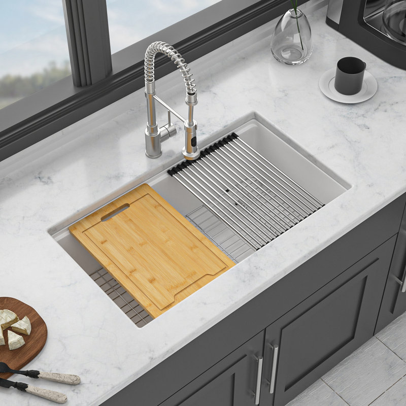 Quartz Kitchen Sink - 30" X 19" White Granite Composite Workstation Undermount Kitchen Sink, White