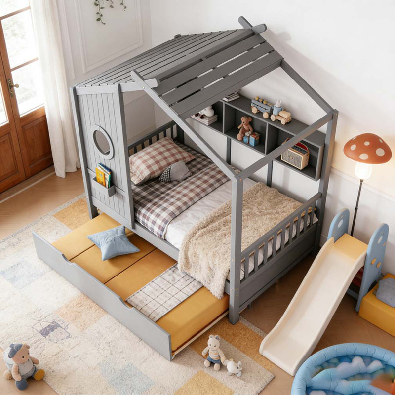 Lit double en bois avec lit gigogne, Gris, Double