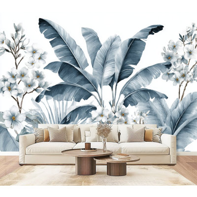 Papier peint adhésif à motif de feuilles tropicales avec motif de feuilles de palmier tropicales bleues et blanches, H 69 po x l 96 po, papier peint amovible, adhésif mural pour chambre à coucher, bureau à domicile