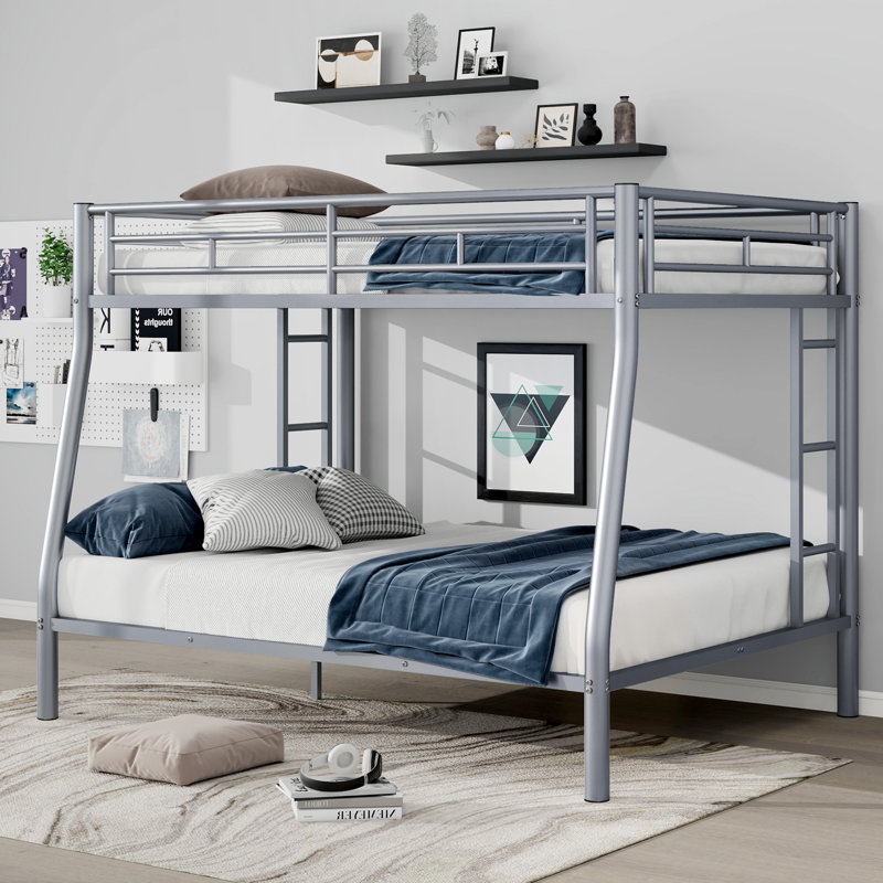 Queen Metal Bunk Bed with Ladder and Guardrails,, Silver, Full Over Queen