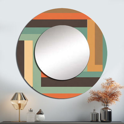 Rétro Mid-Century, graphique V - miroir moderne Mid-Century, miroir mural rond bleu unique, impression d'art en métal