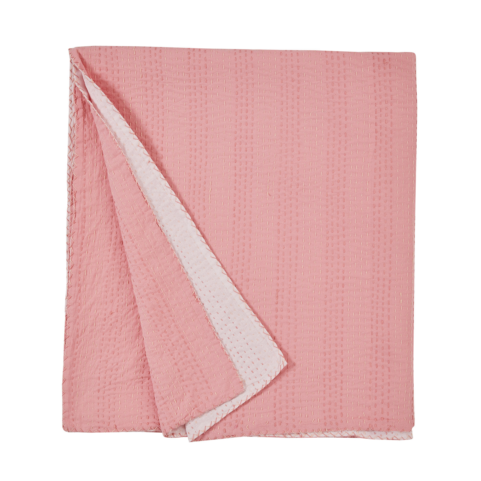 Soild Kantha Cotton Coverlet Set, Queen Coverlet, Pink