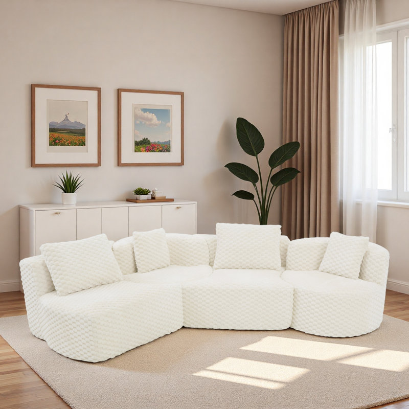 Modular Sectional Sofa With Rounded Silhouette And Pillows, White