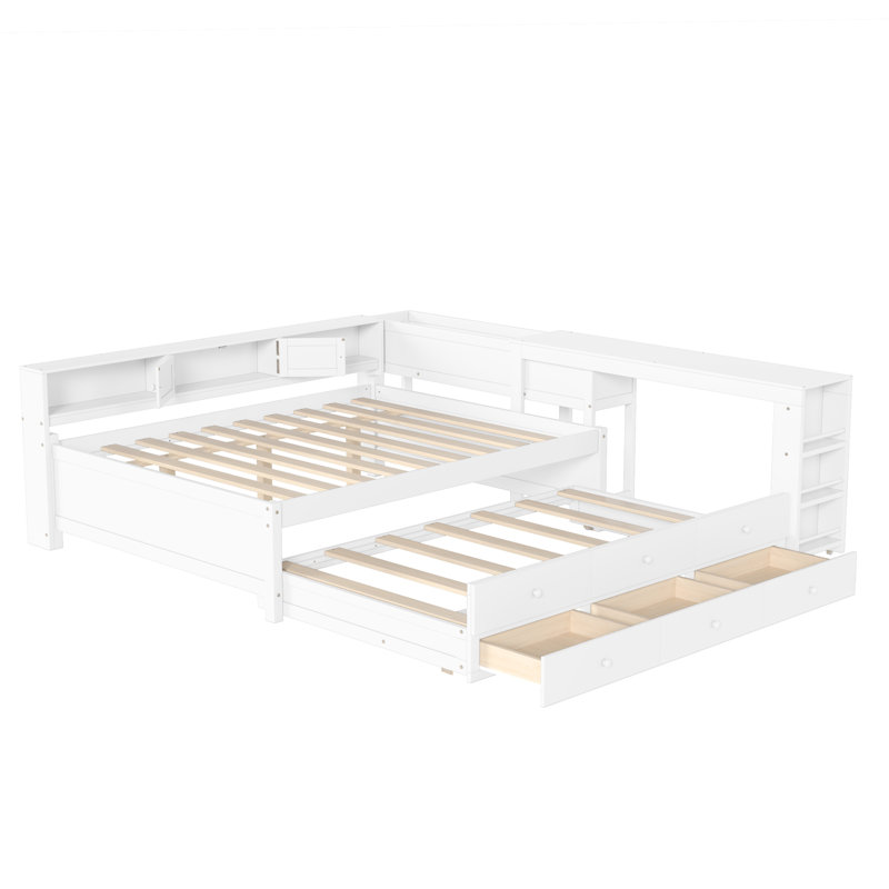Lit de jour avec couchette, structure de lit de jour en bois avec tiroirs de rangement, tablettes latérales et bureau, Double