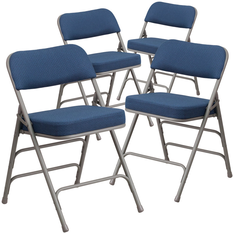 Hurshid Curved Triple Braced & Hinged Fabric Upholstered Metal Folding Chair, Navy