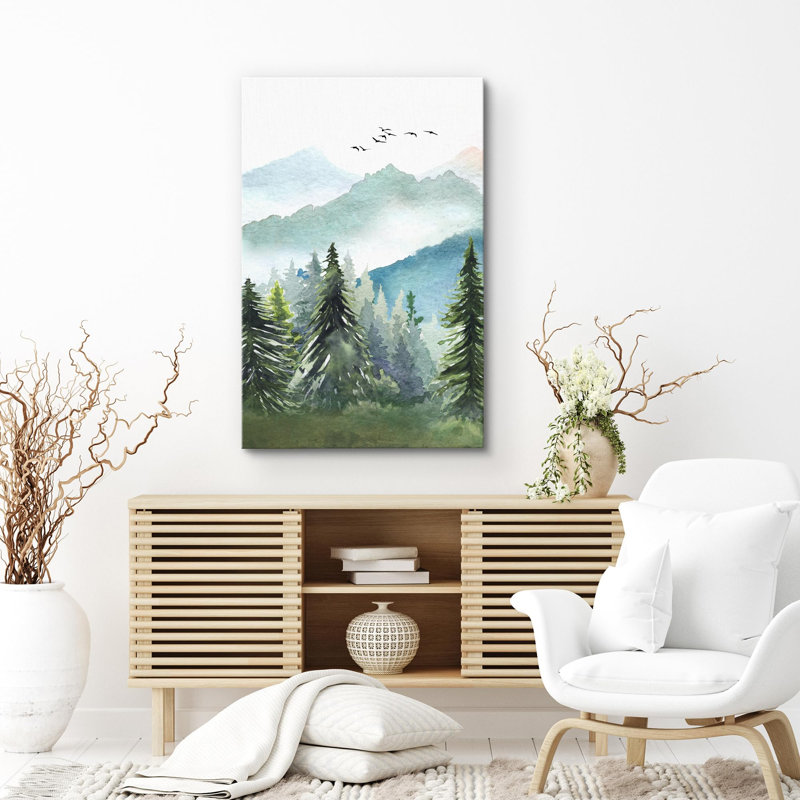 Paysage de forêt boisée «Watercolor Green Forest Tree Mountain» sur, Toile tendue, H 48 po x l 32 po