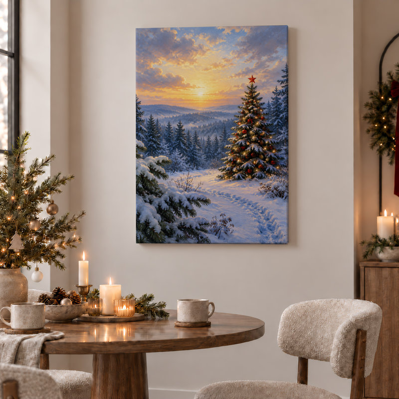 Decorated Tree in Snowy Forest at Sunset Christmas Canvas Wall Art, H 24 po x l 16 po