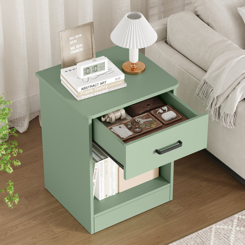 Ignacio 23.6" H Wood Nightstand with Drawer, Set of 2, Blue/Warm Wood