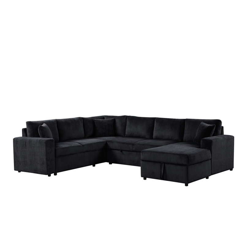 Rinaldo 123"W Black Corduroy Sleeper Sectional Sofa With Right-Facing Storage Chaise And Throw Pillows, Black