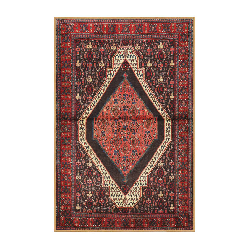 Tapis traditionnel rouge / crème / noir, Rectangle 4 pi x 6 pi