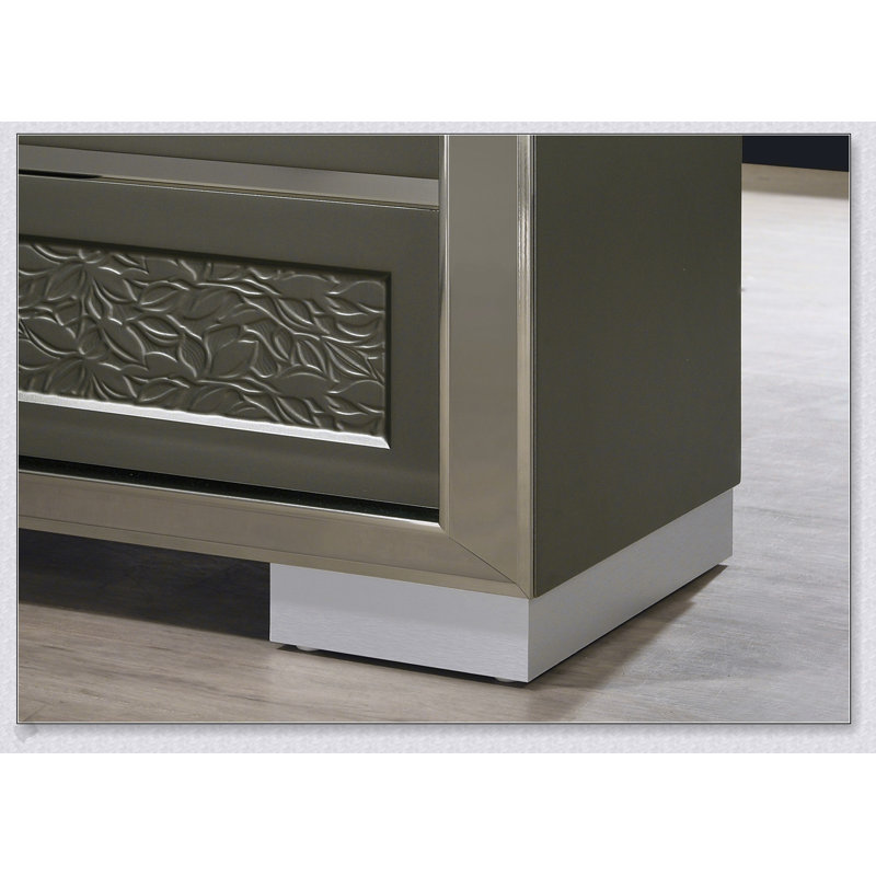 Commode 5 tiroirs de style contemporain avec dessus doublé de feutre, finition gris foncé et motif de feuille élégant
