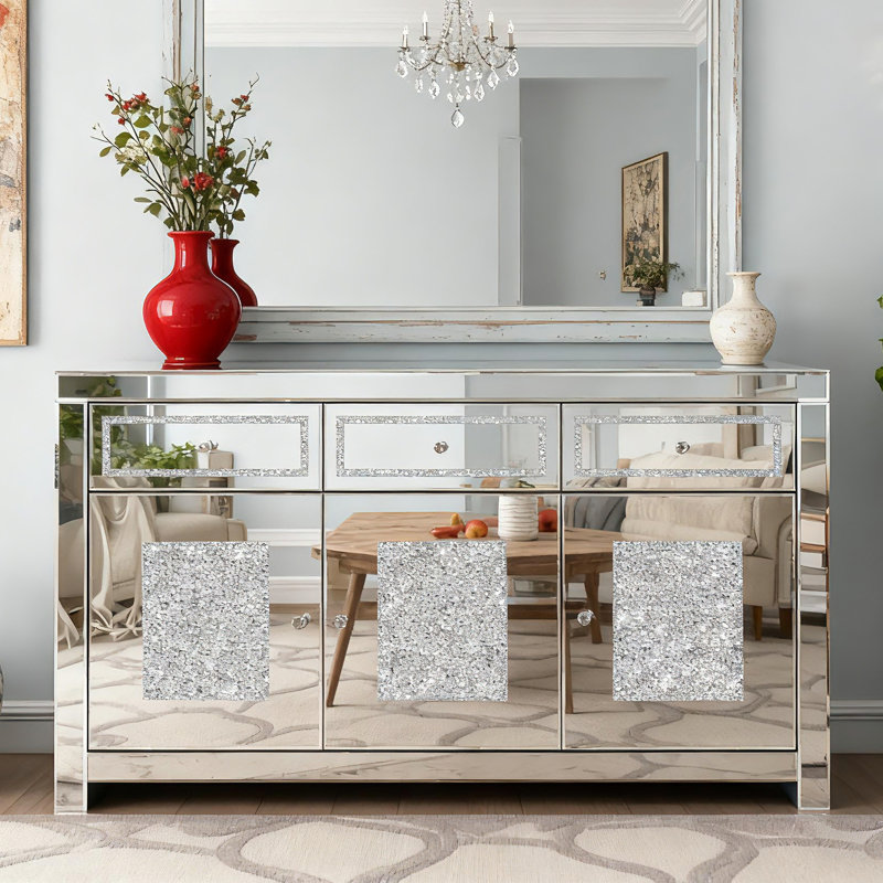 Jasmic 135cm Mirrored Glass Sideboard with 3 Drawers 3 Doors
