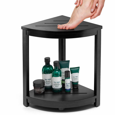 Compact Wood Corner Shower Bench with Storage Shelf - Ideal Footrest for Shaving Legs, Hidden Bolt Design, Perfect for Small Spaces, Indoor or Outdoor Use, Black Finish