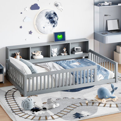 Lit en bois avec armoires de rangement et ports USB