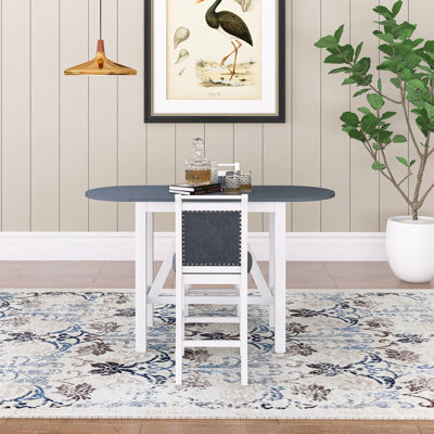3-Piece Wood Counter Height Dining Table Set With Drop Leaf ,2 Upholstered Dining Chairs For Small Place,Silver Dots Decoraction,Solid Rubber Wood Frame,Easy To Assembly