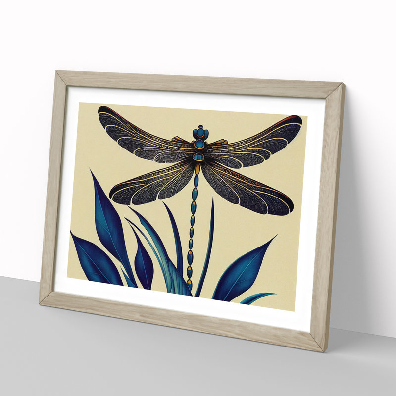 Dragonfly Art Deco - Single Picture Frame Print, Oak Framed, 25cm H x 34cm W x 2cm D
