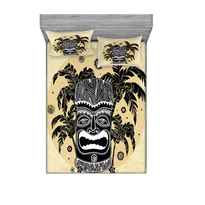 Ensemble de draps Hawaii Tiki Mask Palm Trees Ornate, Ensemble de drap pour grand lit avec drap-housse