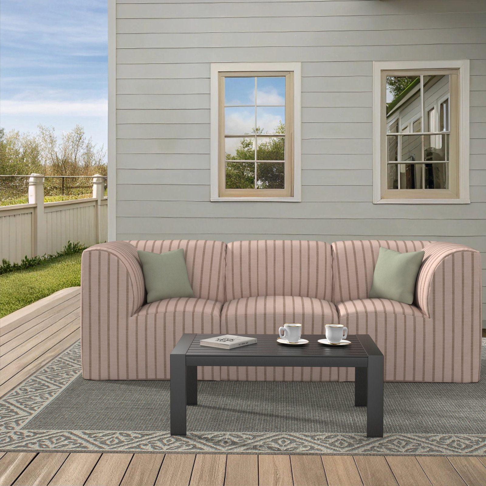 Praia 96" Sunbrella® Patio Sectional, Pink Striped Sunbrella®