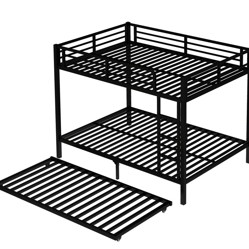 Lit superposé double au-dessus d'un lit gigogne double en métal noir avec conception anti-bruit, structure stable de taille sous rangement, revêtement, garde-corps