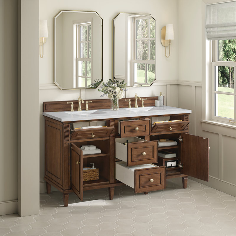 Lorelai 60'' W Double Vanity, Mid-Century Walnut, Carrara White, 8" Widespread