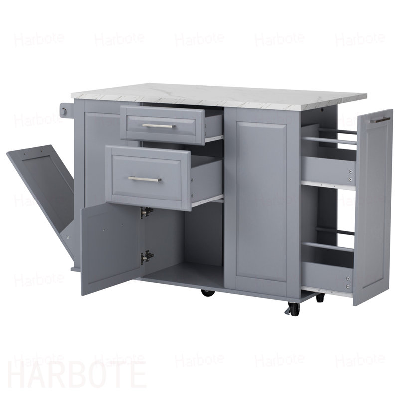 Îlot de cuisine 50,7 po avec rangement, poubelle inclinable et organisateur d'armoire escamotable, îlot de cuisine sur roulettes à 5 roulettes avec abattant, 2 tiroirs, 1 porte