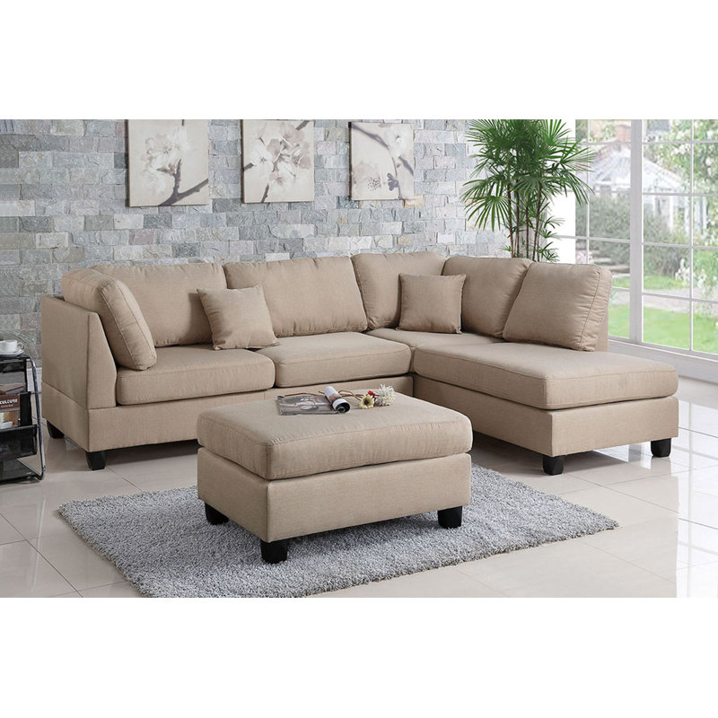 Trusha 104" Wide Reversible Sofa & Chaise with Ottoman, Sand Polyester Blend