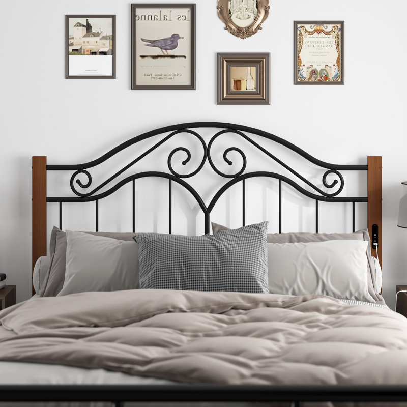 Vintage Platform Bed Metal Like Wood Headboard, Queen