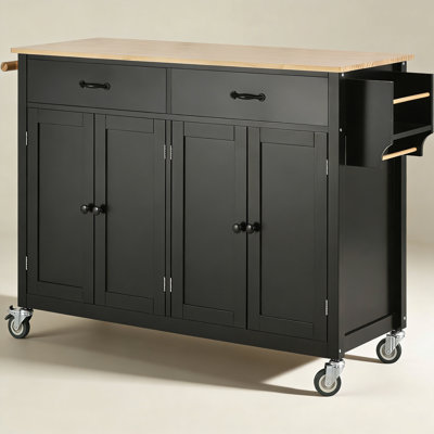 Kitchen Island Cart with 4 Doors and 2 Drawers as well as 2 Locking Wheels - Solid Wood Top, Adjustable Shelves, Spice and Towel Rack by Red Barrel Studio