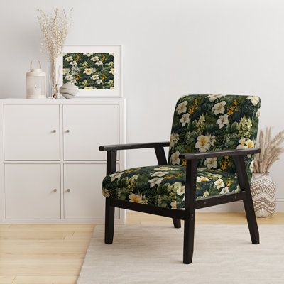 Boho Botanical Oasis Palm - Upholstered Coastal Arm Chair, Tropical Leaves Accent Chair