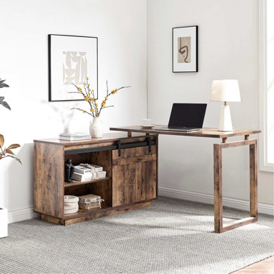 Home Office L-shaped Workstation Featuring A Storage With Sliding Barn Door, Distressed Wood Style, Reversible For Tailored Setup, 47.25"w Tabletop, 5