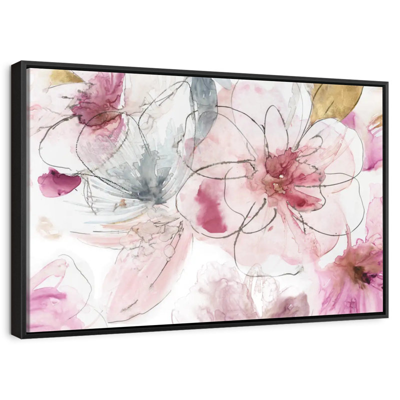 Joli floral en rose I, 46 po x 31 po, Cadre flottant noir