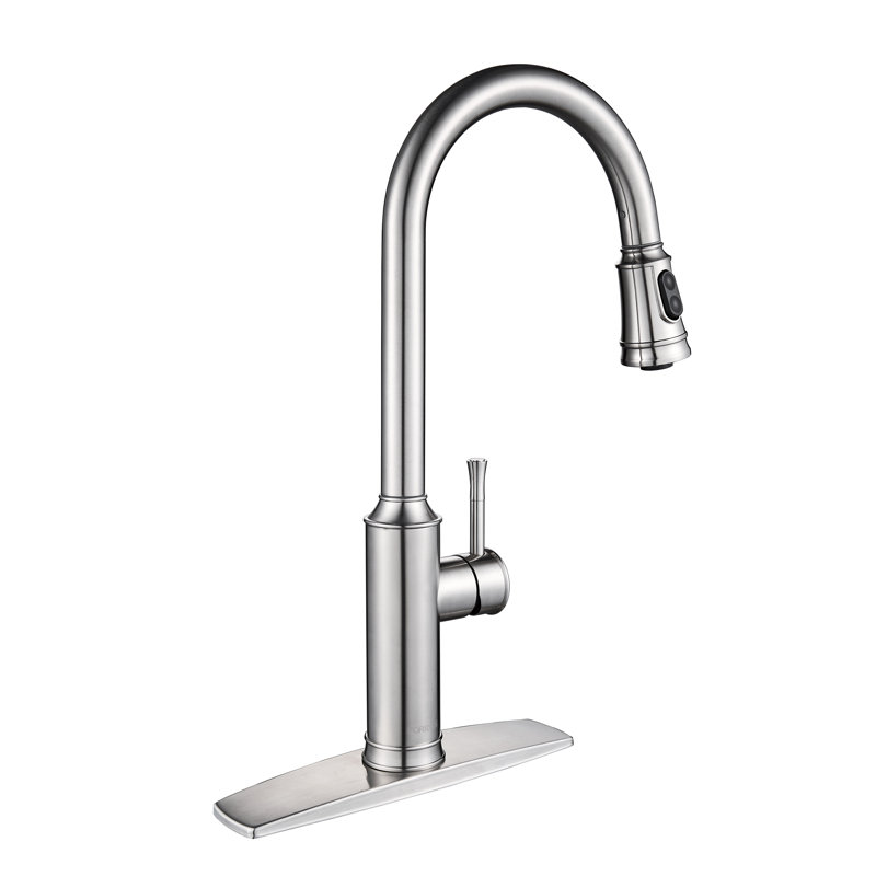 Pull Down Single Handle Kitchen Faucet With Deck Plate, Handles and Supply Lines, Brushed Nickel