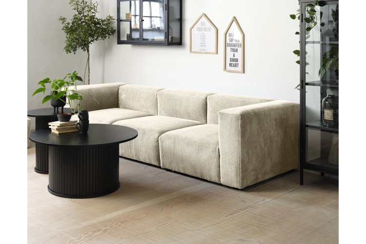 ivory sofa in a modern living room with a black bookshelf and coffee table
