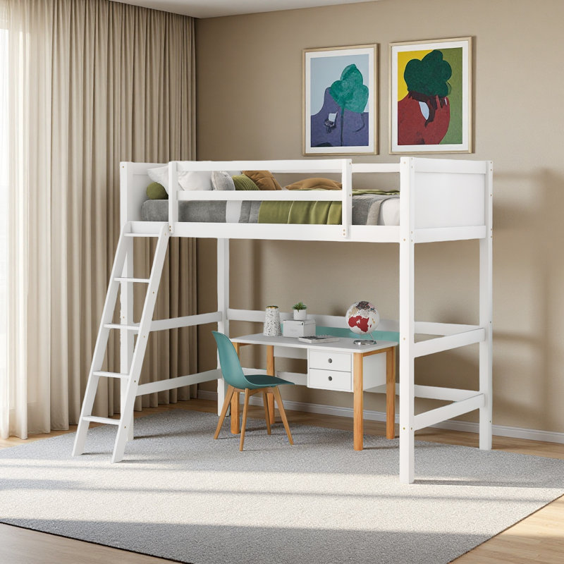 Lit mezzanine simple en bois massif avec échelle, Blanc