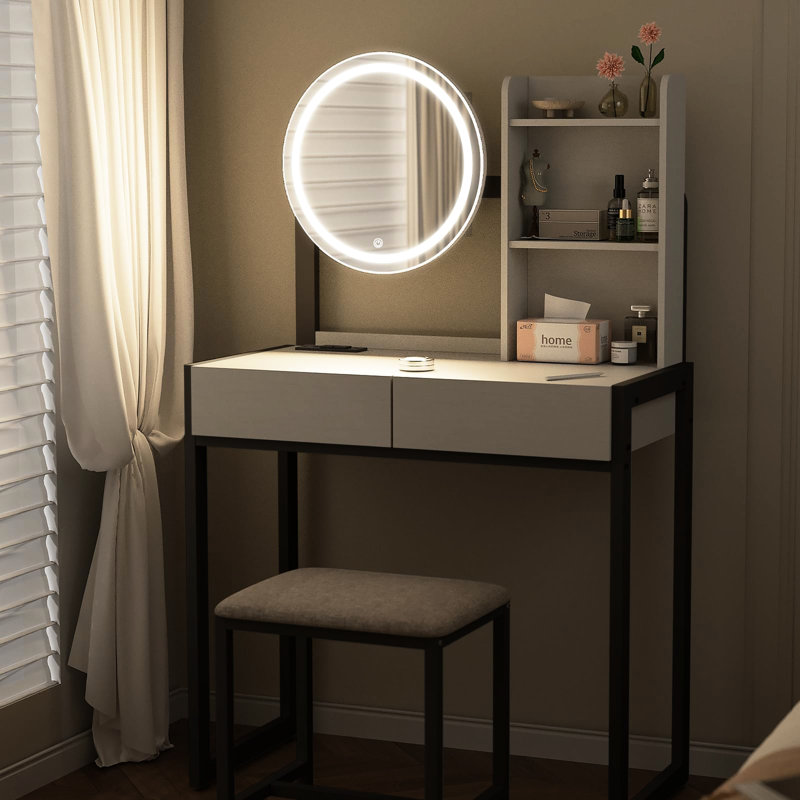 Vanity Desk For Small Spaces With Led Mirror Of 3 Lighting Modes, Power Outlet, Drawer, Open Shelf And Comfortable Stool In White Black Shelves Cushioned Bedroom